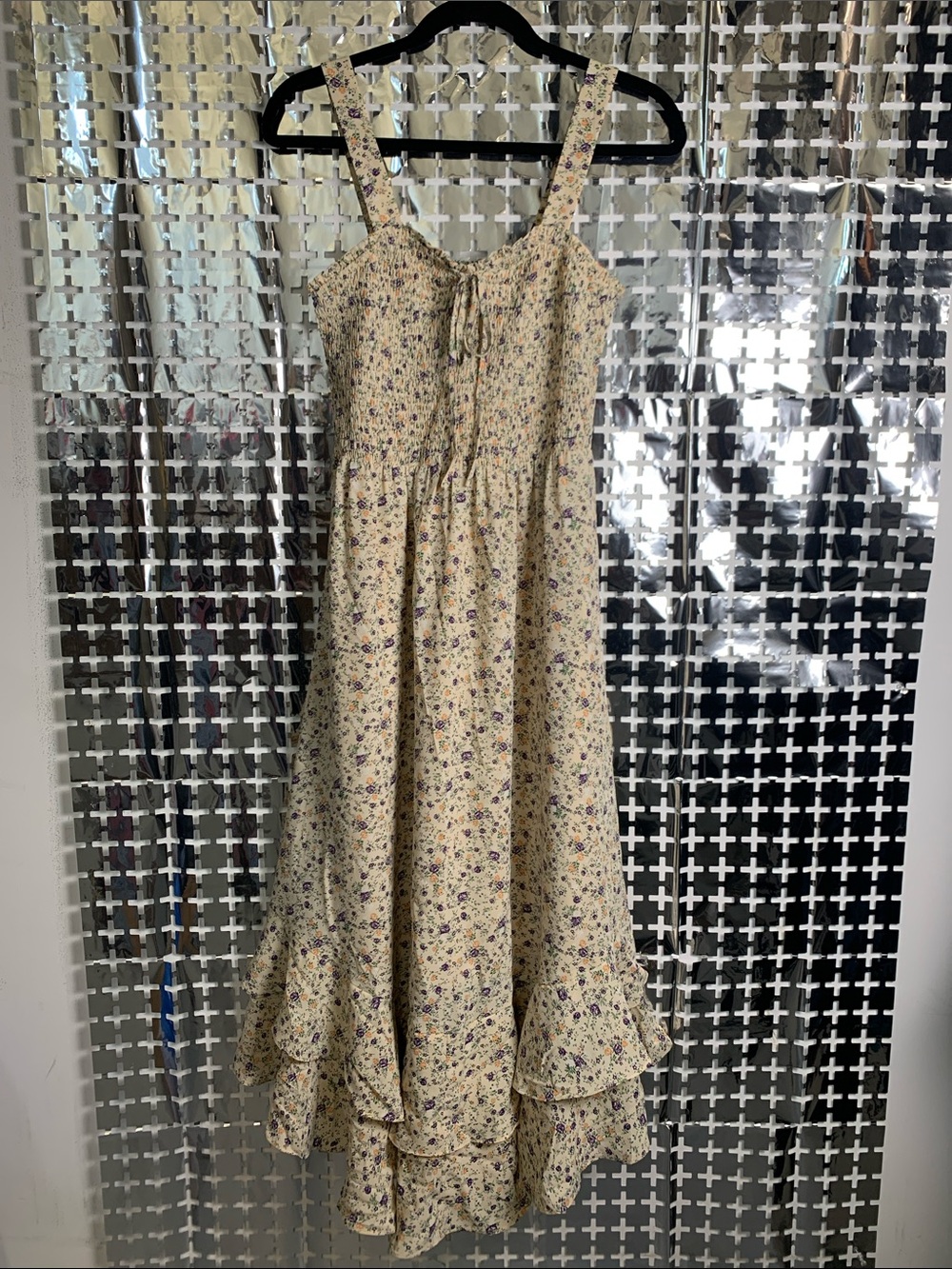 Grace Karin Cream Floral Smocked Dress with Purple & Green Print